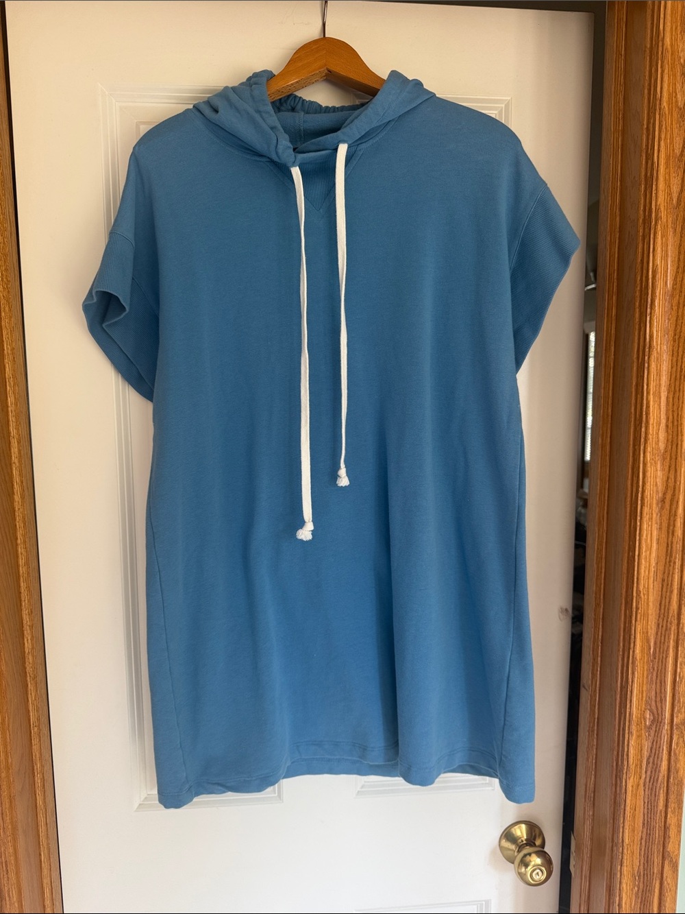 Fifteen Twenty Blue Hooded Short-Sleeve Mini Dress with White Drawstrings